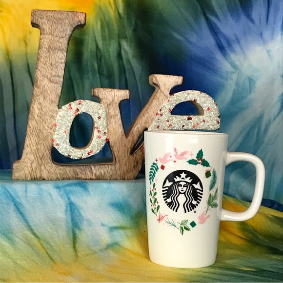 Starbucks Holiday Motif Mermaid Pink Doves Holly Tall Coffee Mug Cup 12 oz - Picture 2 of 12